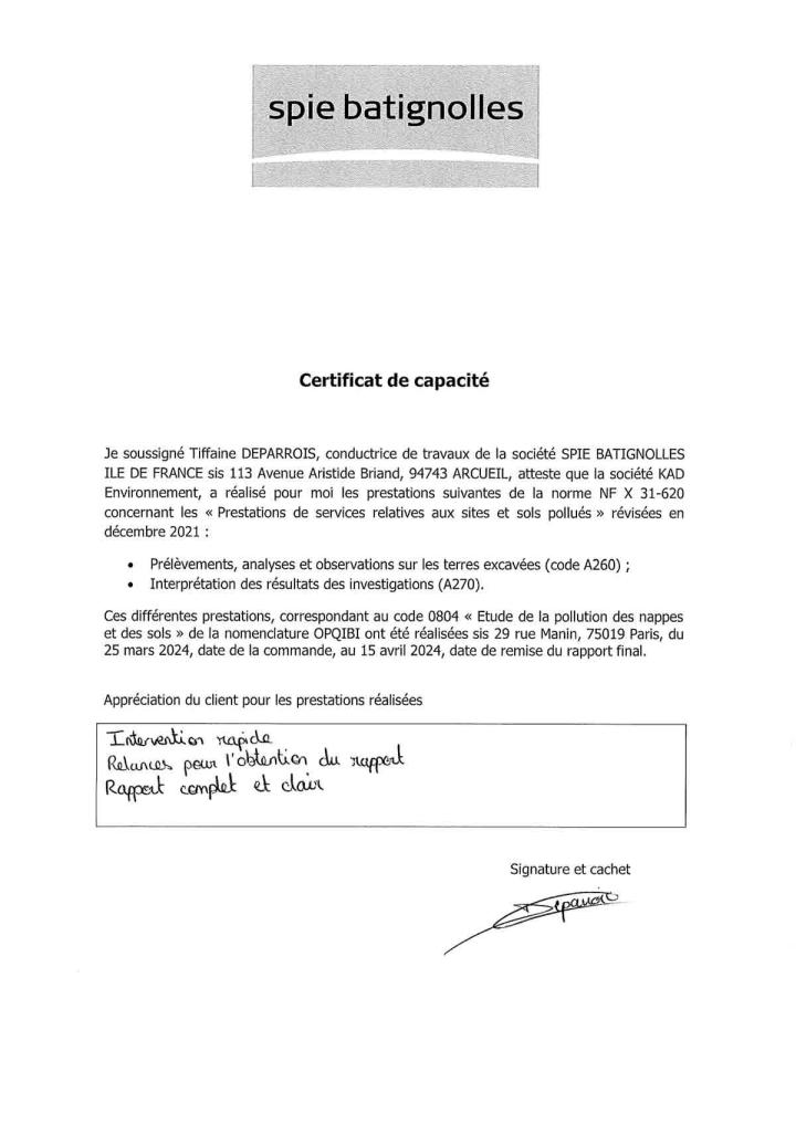 Certificat de capacité SPIE-BATIGNOLLES